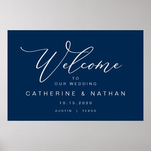 Elegant Romantic Navy Blue font Wedding Welcome Poster