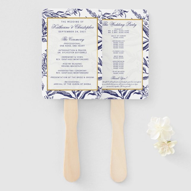 Elegant Romantic Navy Blue Gold Botanical Wedding Hand Fan (Front and Back)