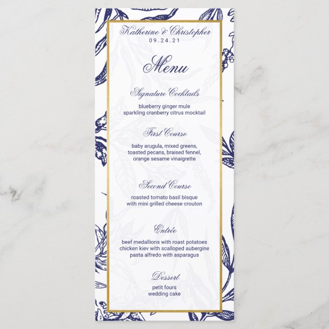 Elegant Romantic Navy Blue Gold Botanical Wedding Program (Front)