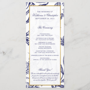 Elegant Romantic Navy Blue Gold Botanical Wedding Program