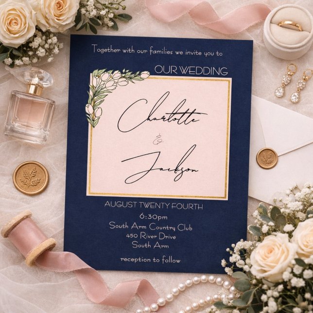 Elegant Romantic Navy Pink Tulip Wedding Invitation (Creator Uploaded)