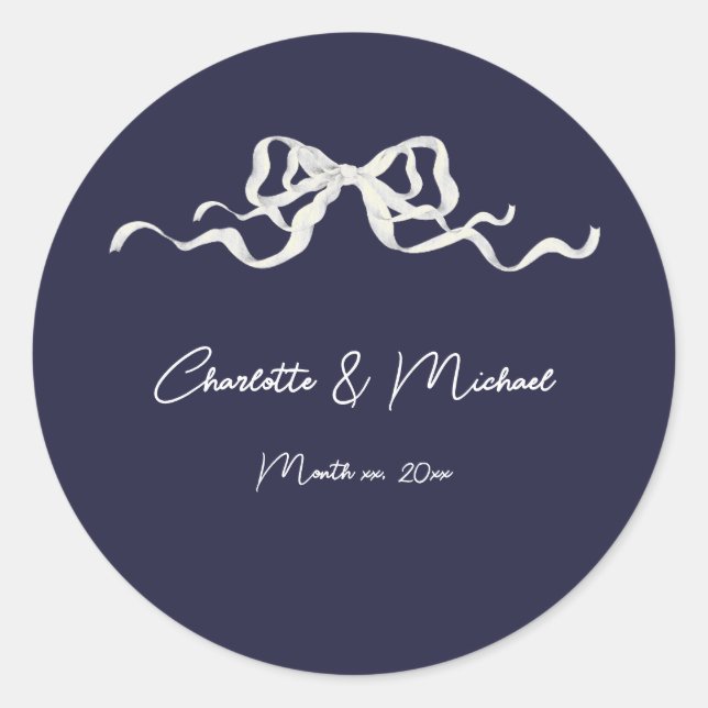 Elegant Romantic Navy Wedding Ribbon & Bow Classic Round Sticker (Front)