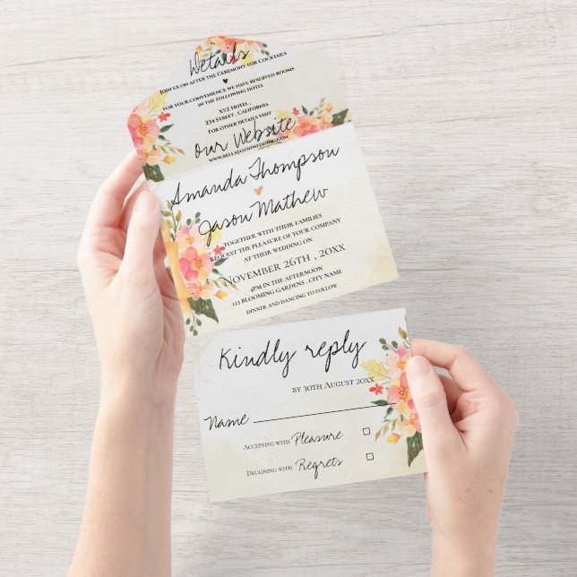 Elegant Romantic Peach Floral Wedding All In One Invitation (Tearaway)