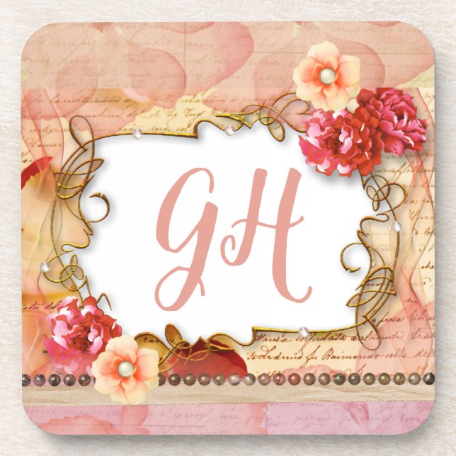 Elegant Romantic Peach Pink Floral Monogrammed Beverage Coaster (Front)