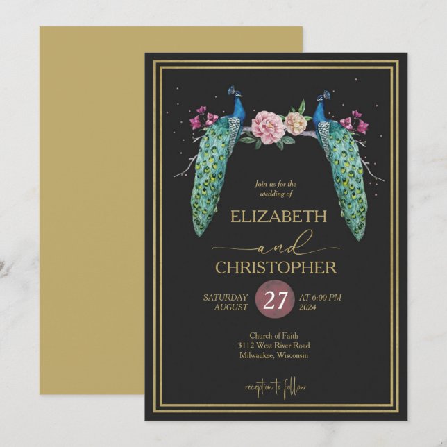 Elegant Romantic Peacocks in Love Wedding Invitation (Front/Back)