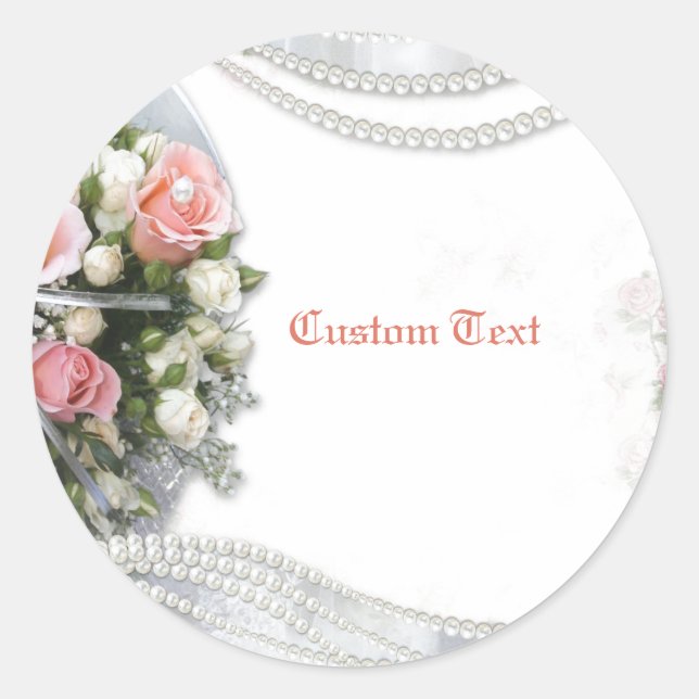 Elegant & Romantic Pearls & Roses Personalize Classic Round Sticker (Front)