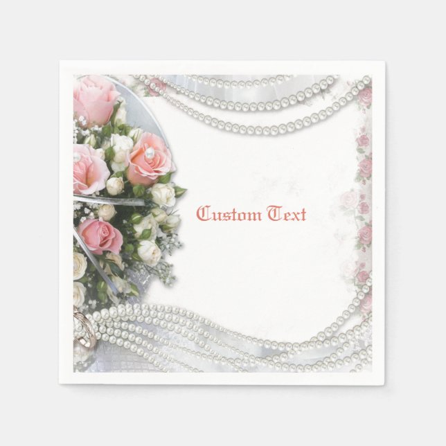 Elegant & Romantic Pearls & Roses Personalize Napkins (Front)