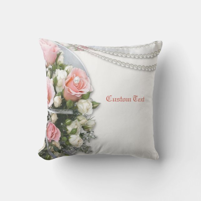 Elegant & Romantic Pearls & Roses Personalize Throw Pillow (Front)