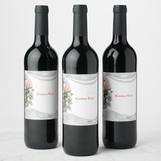 Elegant & Romantic Pearls & Roses Personalize Wine Label (Bottles)