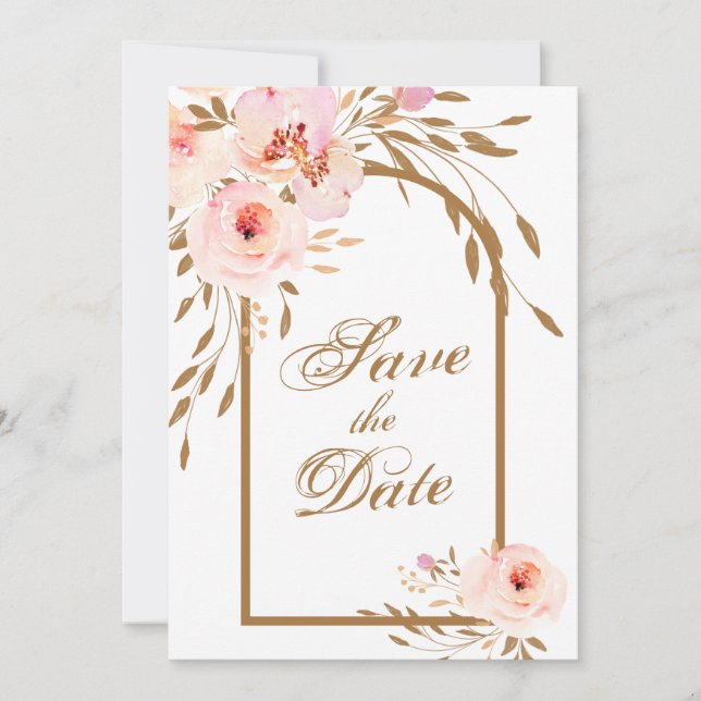 Elegant Romantic Pink Blush Gold Floral  Save The Date (Front)
