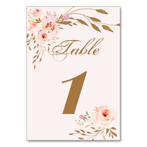 Elegant Romantic Pink Blush Gold Floral Table Number
