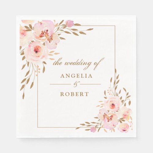 Elegant Romantic Pink Blush Gold Floral Wedding Napkins