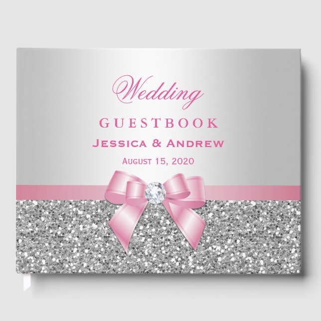 Elegant Romantic Pink Bow & Silver Glitter Wedding Guest Book (Front)