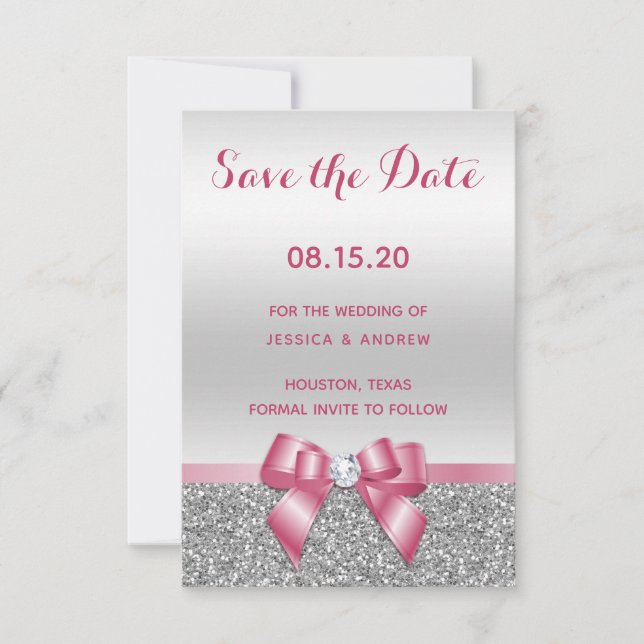 Elegant Romantic Pink Bow & Silver Glitter Wedding Save The Date (Front)