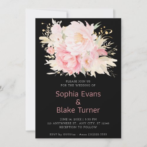 Elegant Romantic Pink Floral Black Wedding Invitation