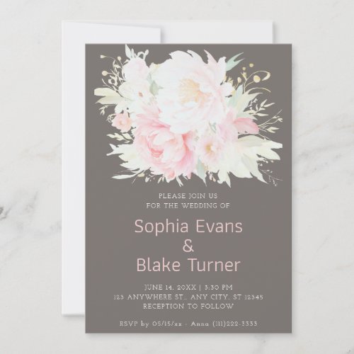 Elegant Romantic Pink Floral Dark Silver Wedding Invitation