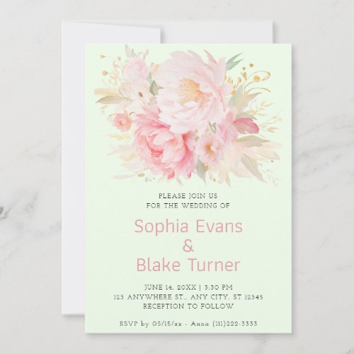 Elegant Romantic Pink Floral Light Green Wedding Invitation