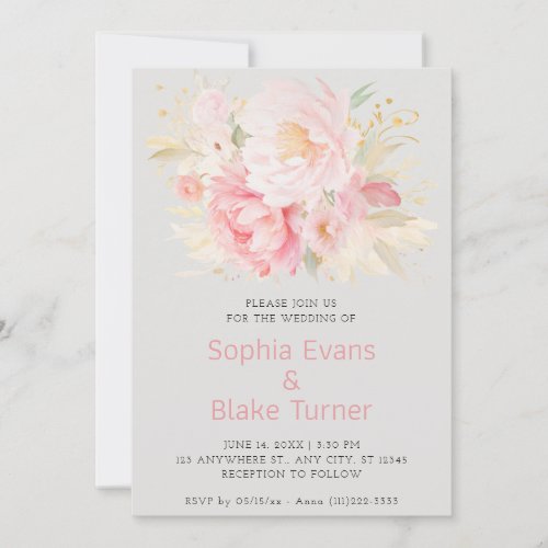 Elegant Romantic Pink Floral Platinum Wedding Invitation