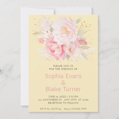 Elegant Romantic Pink Floral Soft Gold Wedding Invitation