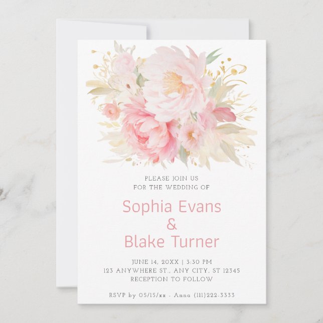 Elegant Romantic Pink Floral White Wedding Invitation (Front)