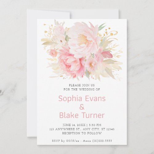 Elegant Romantic Pink Floral White Wedding Invitation