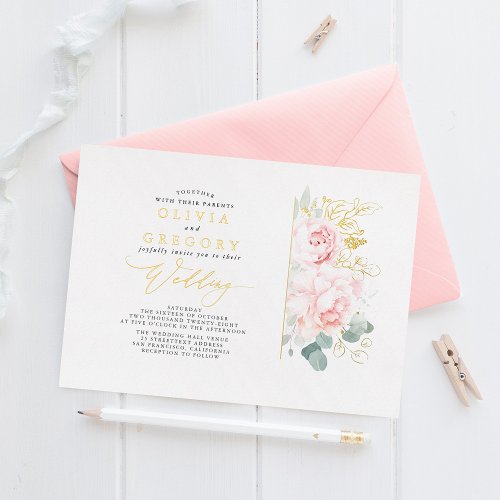 Elegant Romantic Pink Flowers and Greenery Wedding Foil Invitation