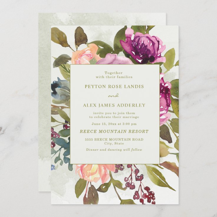 Elegant Romantic Pink Purple Sage Green Wedding Invitation | Zazzle