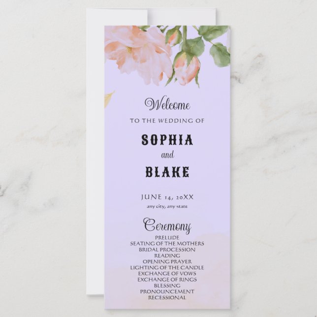 Elegant Romantic Pink Roses Purple Wedding Program (Front)
