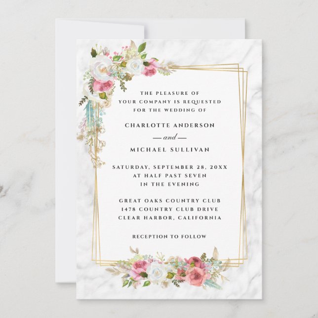 Elegant Romantic Pink Watercolor Floral Wedding Invitation (Front)