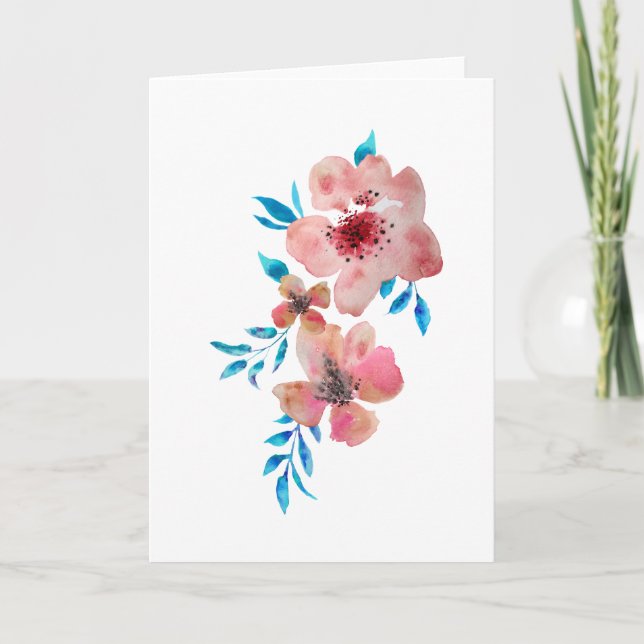 Elegant Romantic Pink Watercolor Flowers Card (Front)