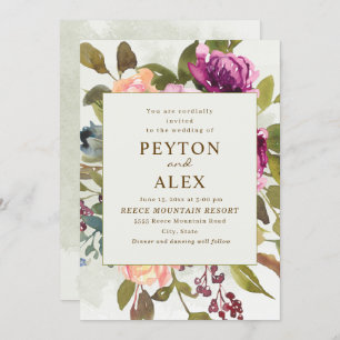 Elegant Romantic Plum Peach Sage Green Wedding Invitation