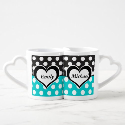 Elegant romantic polka dots heart blackturquoise coffee mug set