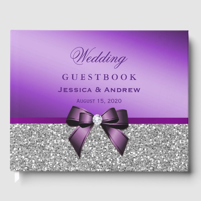 Elegant Romantic Purple Bow & Silver Glitter Guest Book (Front)