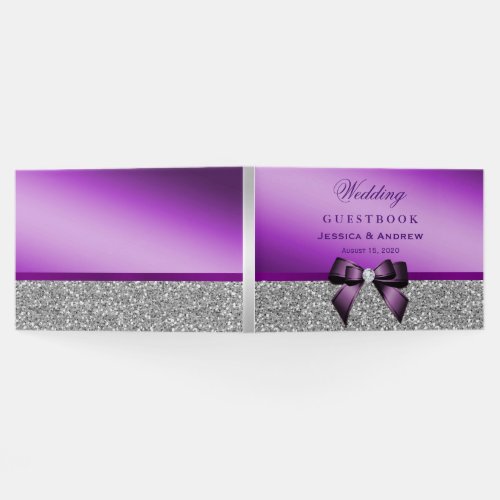 Elegant Romantic Purple Bow  Silver Glitter Guest Book