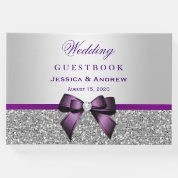 Elegant Romantic Purple Bow & Silver Glitter Guest Book by Sarah_Designs at Zazzle