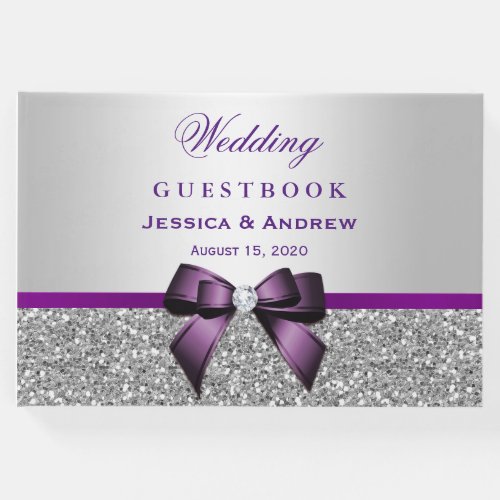 Elegant Romantic Purple Bow  Silver Glitter Guest Book