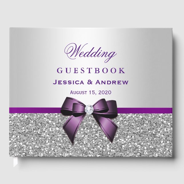 Elegant Romantic Purple Bow & Silver Glitter Guest Book (Front)