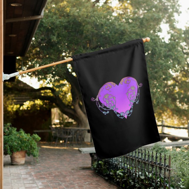 Elegant, Romantic Purple Heart with Flourish  House Flag (In SItu)
