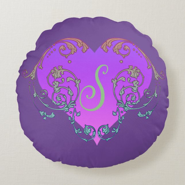 Elegant, Romantic Purple Heart with Flourish Round Pillow (Front)