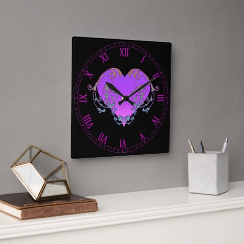 Elegant Romantic Purple Heart with Flourish  Square Wall Clock