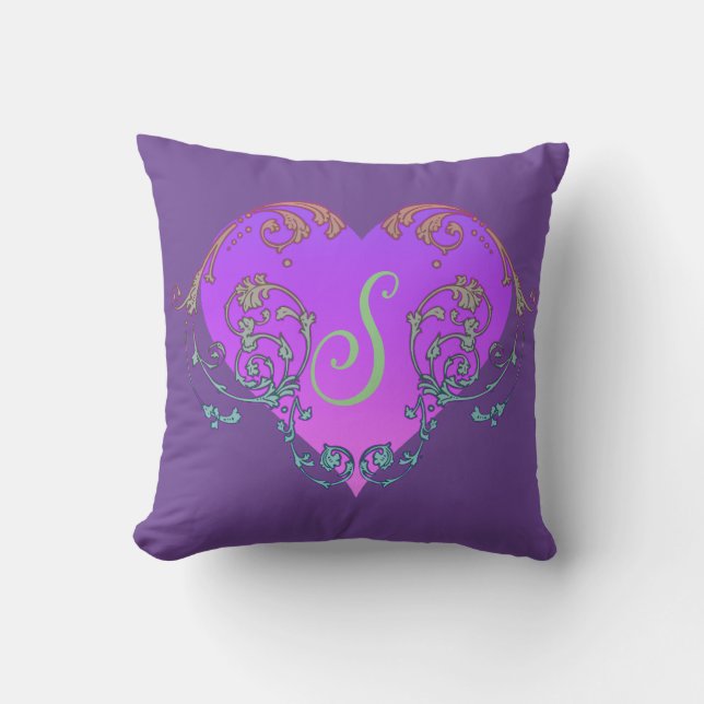 Elegant, Romantic Purple Heart with Flourish Throw Pillow (Front)