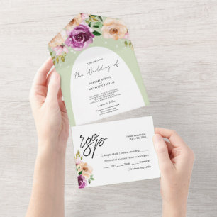 Elegant Romantic Purple Peach Watercolor Flowers All In One Invitation