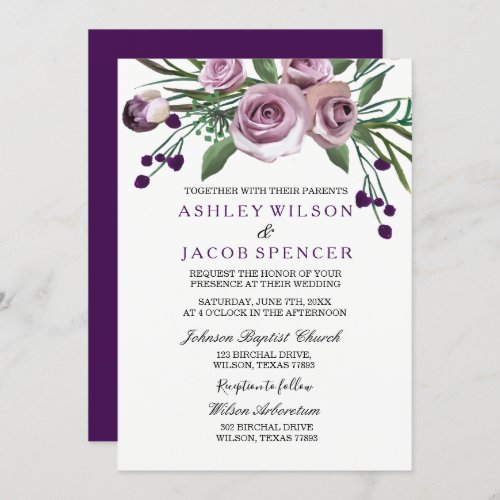 Elegant Romantic Purple Rose Floral Wedding Invite