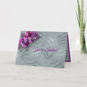 Elegant Romantic Purple Roses & Silver Invitation