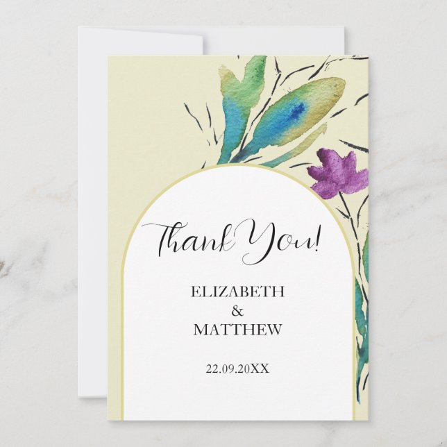 Elegant Romantic Purple Wildflowers Watercolor Art Thank You Card (Front)