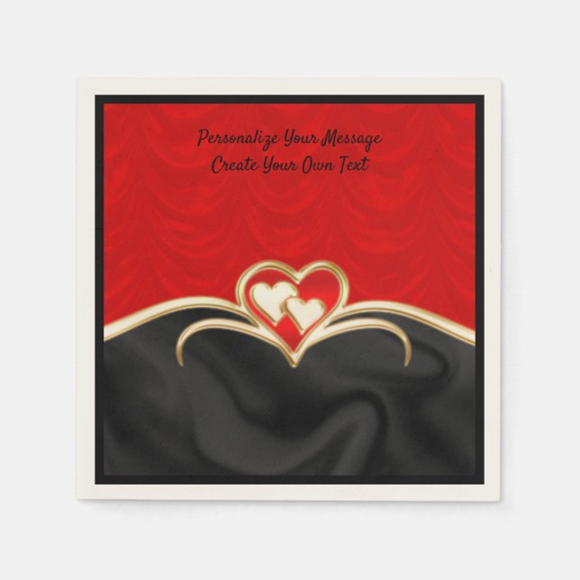 Elegant & Romantic Red Black Gold Hearts Napkins (Front)