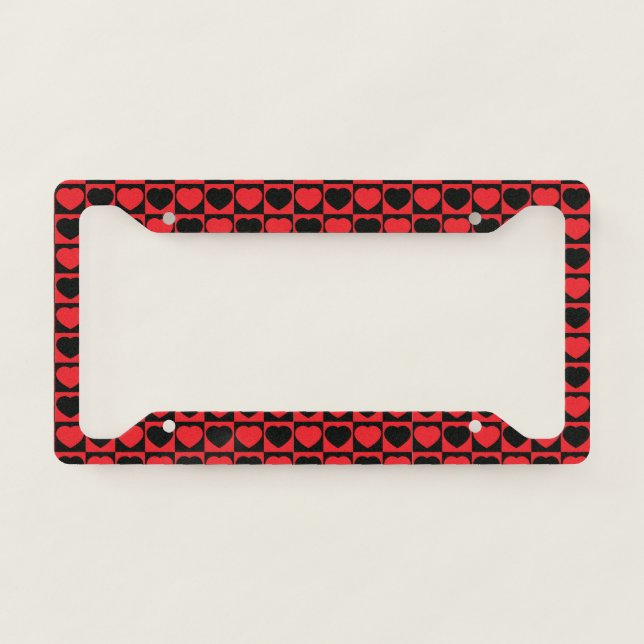 Elegant & Romantic Red & Black Hearts Checkerboard License Plate Frame (Front)