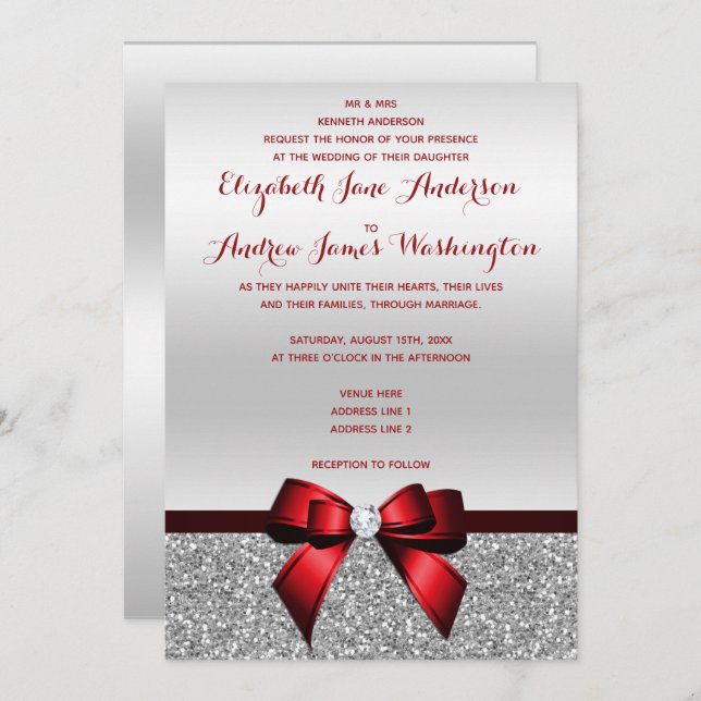 Elegant Romantic Red Bow & Silver Glitter Wedding Invitation (Front/Back)