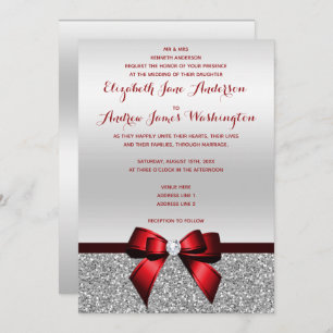 Elegant Romantic Red Bow & Silver Glitter Wedding Invitation
