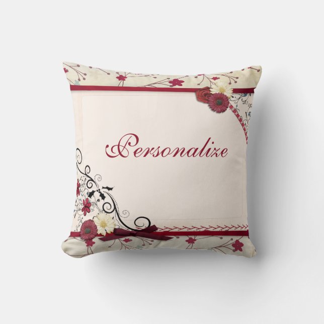 Elegant Romantic Red Floral Border Personalize Throw Pillow (Front)